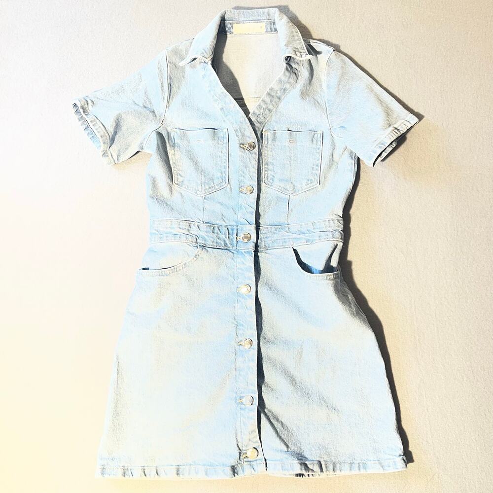 Zara Light Wash Denim Mini Dress Button Front Utility Dress Size Medium